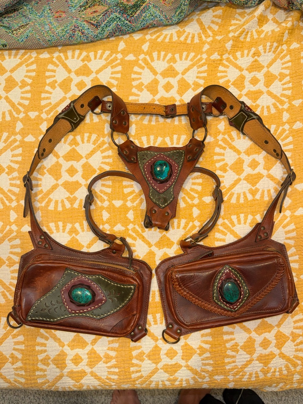 Handcrafted Brown Red Green fullgrain leather Utility Harness Belt